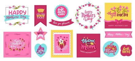 Mothers Day frames. Floral text border with decorative elements for greeting card, simple frame with text for holiday celebration. isolated set vector