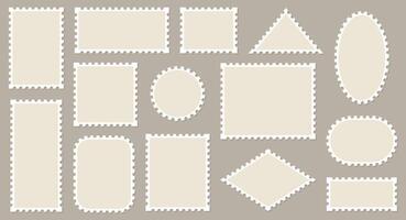 Blank post stamp. Postage frame form, vintage empty postcard stamp frame with perforated border, mail delivery sticker template, philately element. stamps isolated set vector