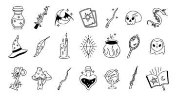 Magic icons. Which tarot wizard astrology mystery symbols, cartoon magician crystal bottle potion cauldron alchemy esoteric witchcraft objects. magic isolated set vector