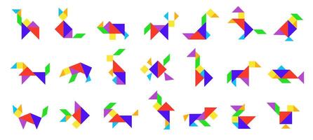 Tangram animals. Geometric traditional Chinese puzzle game with animal shapes, abstract geometry logic figures made of triangles squares parallelograms. tangram set vector