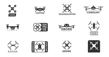 Drone logo. Business unmanned quadcopter aircraft with propellers, modern aerial vehicle technology for photography delivery surveillance, flat design. drones set vector