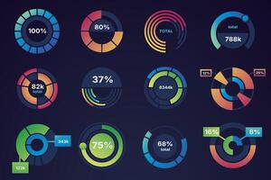 Pie graph chart. Circle data infographic, round statistic diagrams and infographics, business data pie presentation geometric elements, percentage visualization. set vector