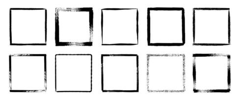 Brush square frame. Black grunge borders with rough edges, dry brushed shapes, dirty ink chalk geometric collection. brush framing set vector