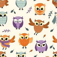 Cute owl pattern. Seamless print of cartoon forest baby owl birds, childish background with funny animals for wrapping paper fabric textile. bird texture vector