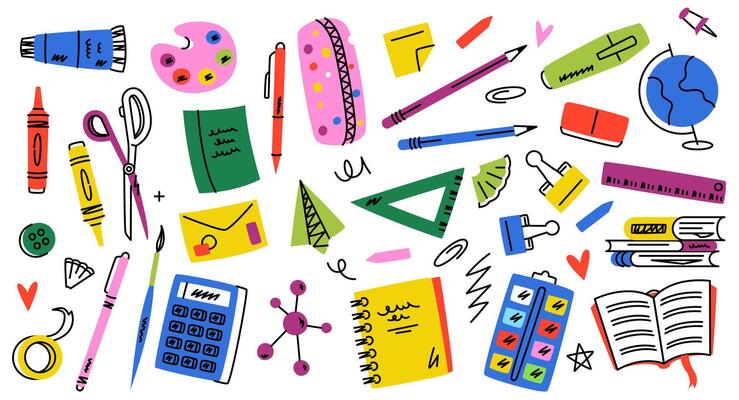 Cute school elements. Doodle Supplies and stationery, cartoon colorful icons, childish flat pencil notebook calculator ruler glue brush pen, back to school stuff. set
