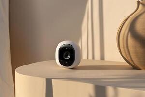 A smart home camera sitting on a table next to a vase photo