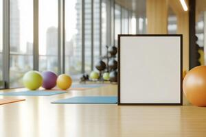 Blank framed poster in a modern fitness center with exercise equipment and city view photo