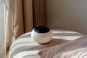 A white and black smart device sitting on a bed photo