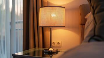 Cozy bedside lamp illuminating a bedroom photo