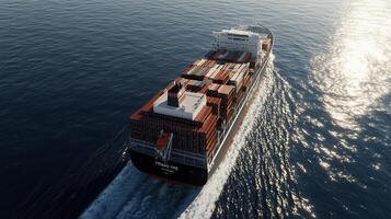Cargo ship sailing on the open sea. Full view of a large container ship photo