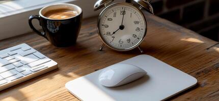 Workspace with coffee, clock, keyboard, and mouse photo