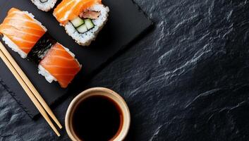 Fresh sushi rolls on slate plate with soy sauce photo