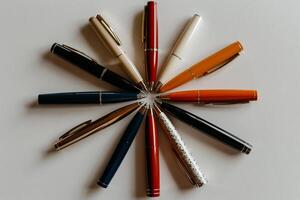 Assorted ballpoint pens arranged in a circular pattern. Various colors and designs photo