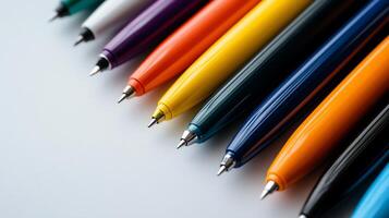 Colorful pens close-up. Variety of vibrant colors. Sharp points. Writing instruments photo