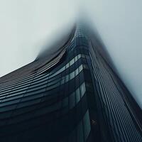 Modern skyscraper shrouded in fog. Exterior architectural details of a high-rise building, angled view, misty atmosphere photo