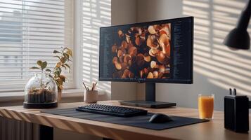 Modern workspace with computer, plants, and natural light photo
