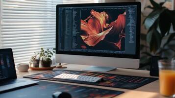Modern home office workspace with a computer displaying digital art photo