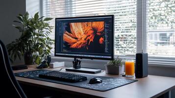 Modern workspace with computer and plants photo