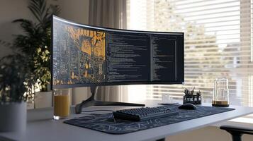 Modern workspace with curved monitor displaying code photo