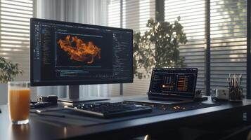 Modern home office workspace with computer monitors and accessories photo