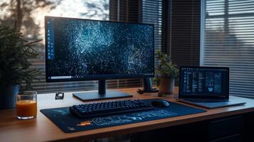 Modern workspace with computer setup photo