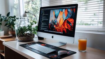 Modern workspace with computer, plants, and a drink photo