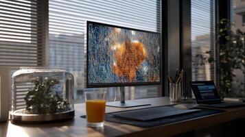 Modern workspace with high-resolution display, showing microscopic image, plant, and digital tools photo