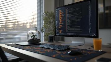 Modern workspace with computer and code photo