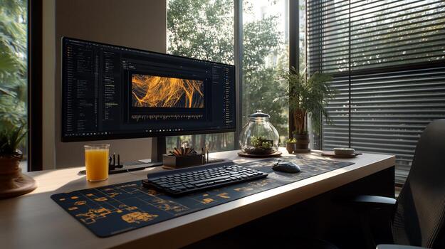 Modern workspace with computer, keyboard, mouse, and plants photo