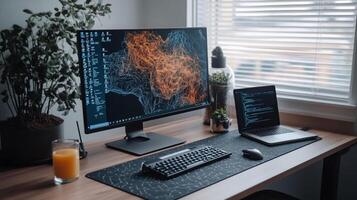 Modern home office setup with a large monitor, laptop, and plants photo