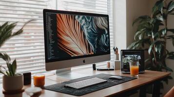Home office workspace with computer, plants, and accessories photo