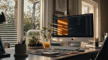 A computer monitor on a desk with a window in the background photo