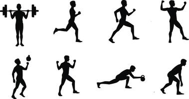 a set of silhouettes of different people doing different exercises vector