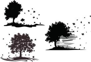 four silhouettes of trees with leaves blowing in the wind vector
