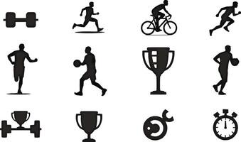 a set of silhouettes of people running, cycling and other activities vector