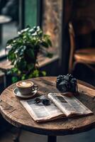 Cafe table scene with latte, newspaper, and camera photo