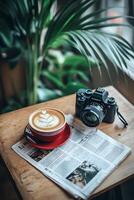 Latte art coffee, camera, and newspaper on a wooden table, surrounded by greenery photo