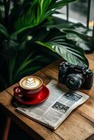 un taza de latté Arte con un cámara y periódico en un de madera mesa, rodeado por lozano verdor foto