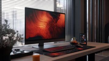 Modern home office workspace with computer monitor, keyboard, and accessories photo