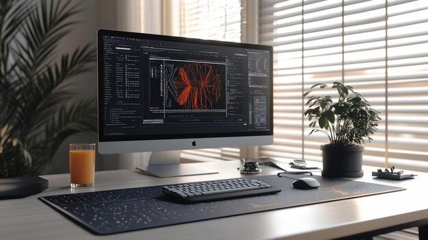 Modern workspace with computer, keyboard, and mouse photo