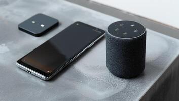 Smart home tech, smartphone, and speaker photo