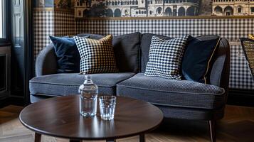Cozy corner sofa with patterned cushions and a round coffee table photo