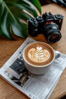 Latte art on a wooden table with newspaper and camera photo