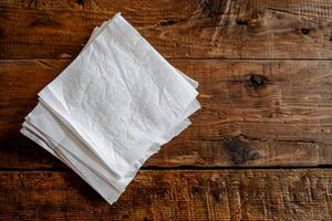 Stack of white paper napkins on a rustic wooden table photo