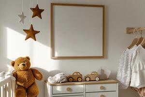Cozy nursery with blank frame photo