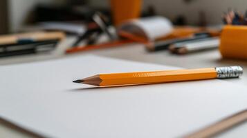 A single sharpened yellow pencil on a sheet of white paper, surrounded by various writing utensils and stationery photo