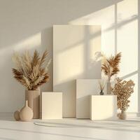 Minimalist display with pampas grass, beige tones, and empty space photo