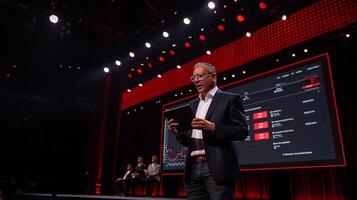 Business speaker on stage, presenting data photo