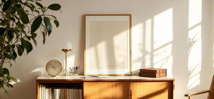 Sunlit, minimalist living space with warm tones photo
