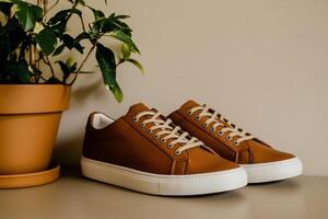 Stylish brown leather sneakers on a light beige surface, with a plant in a pot photo